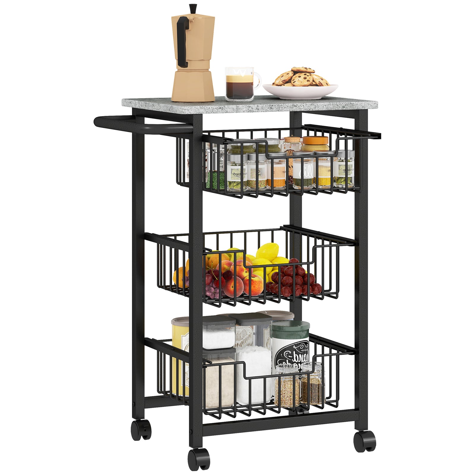 Three Basket Mobile Kitchen Island, with Brakes - Grey/Black