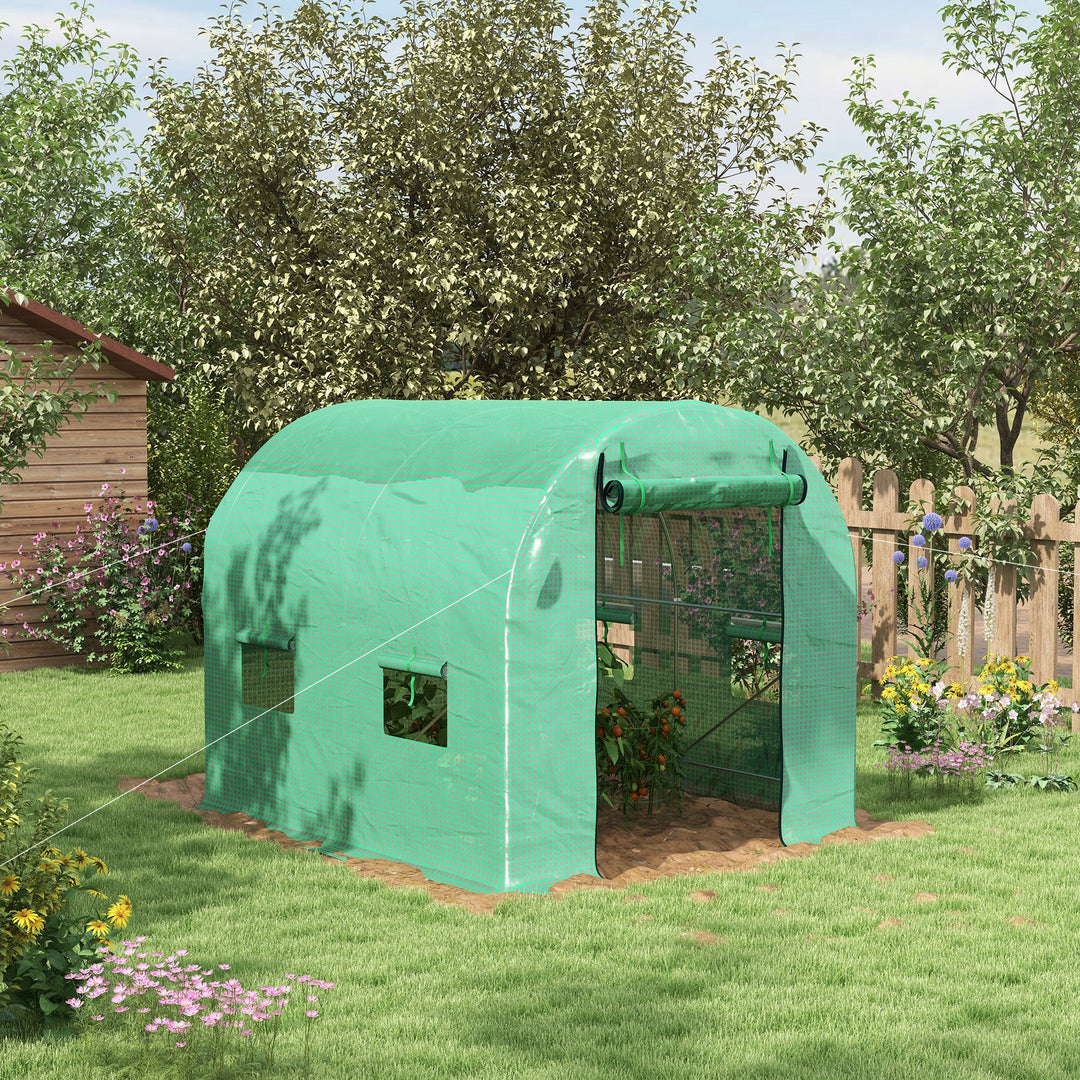 Outsunny 2.5 x 2m Walk-In Polytunnel Greenhouse, with Steel Frame, PE Cover, Roll-Up Door and 4 Windows, Green