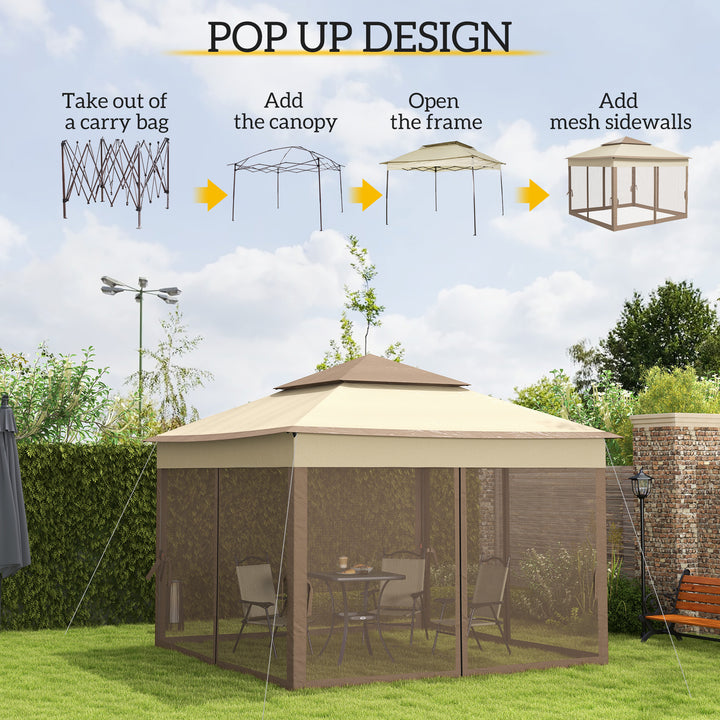 Outsunny 3 X 3(m) Meters Metal Gazebo Party Canopy Garden Pop Up Tent Outdoor Sun Shelter w/ Net Curtain Zipper Door - Khaki