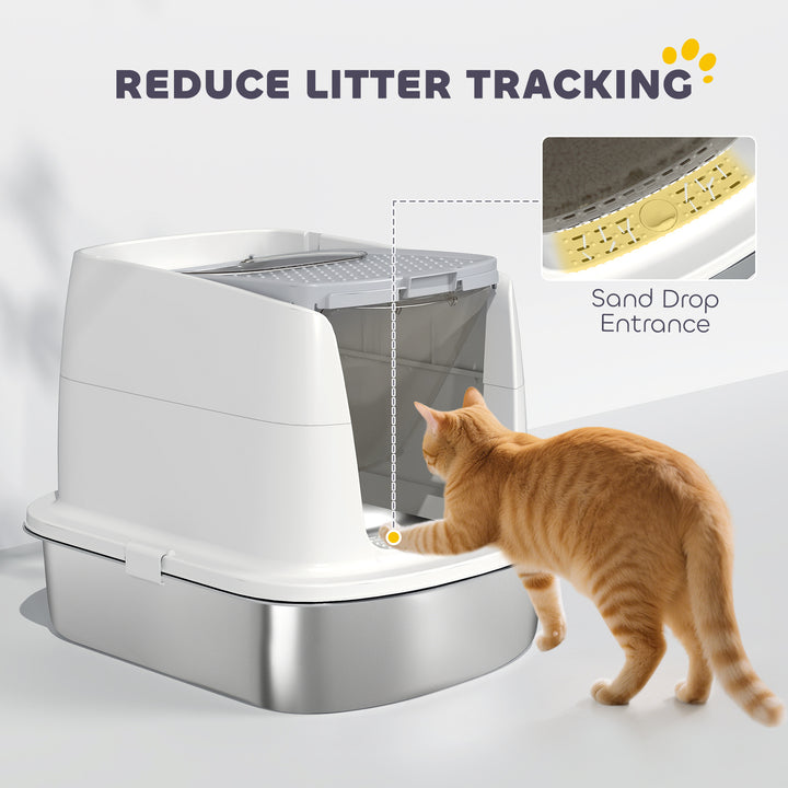 Large Stainless Steel Litter Box, Enclosed Metal Cat Litter Tray with 