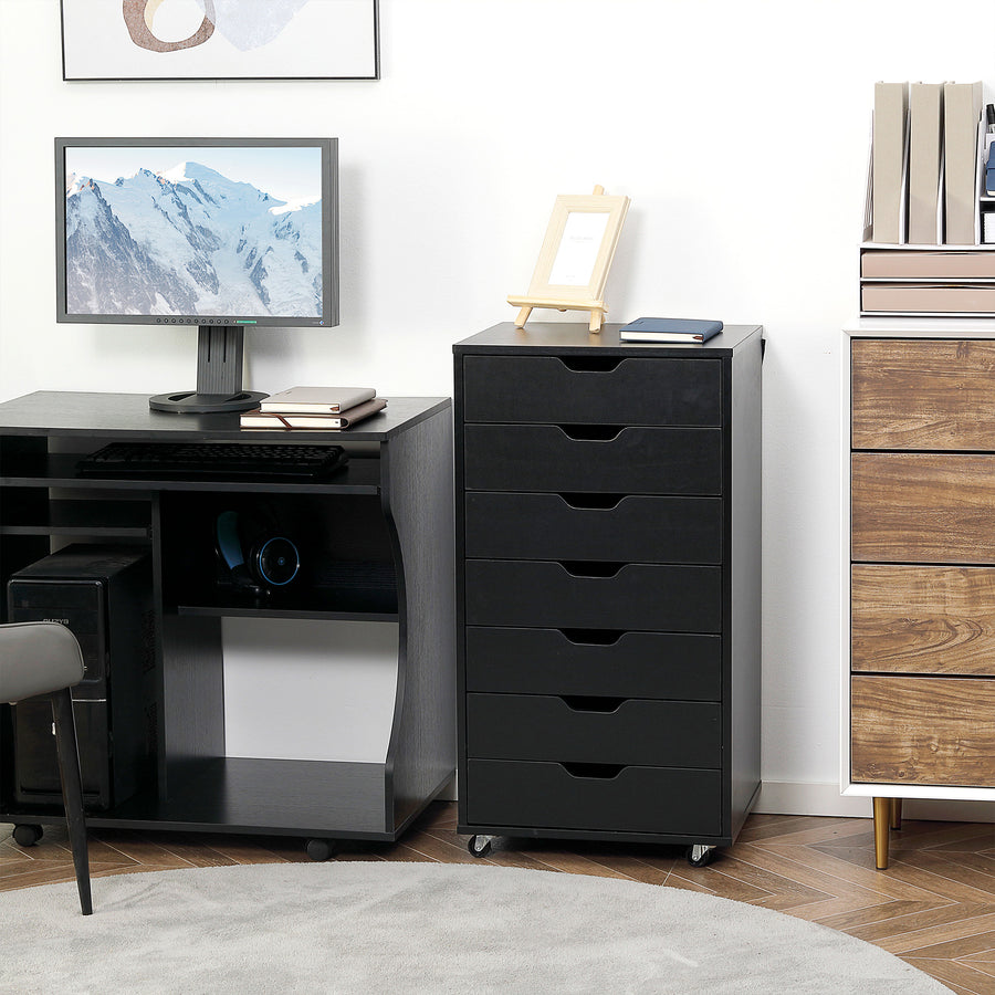 Seven-Drawer Filing Cabinet, with Wheels - Black