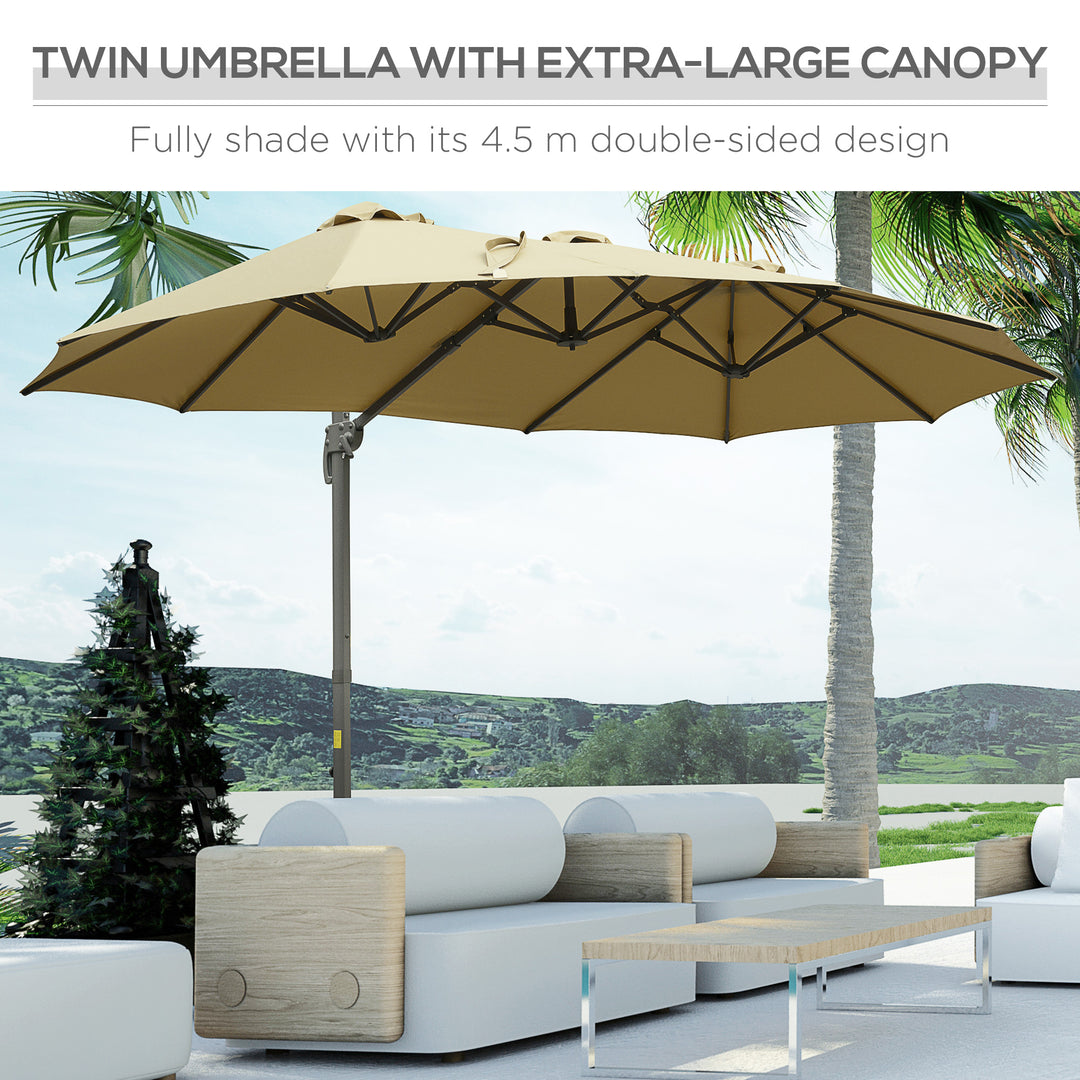 4.5 m Patio Parasol, Large Double-Sided Rectangular Garden Umbrella with Crank Handle, 360° Cross Base for Bench, Outdoor, Khaki