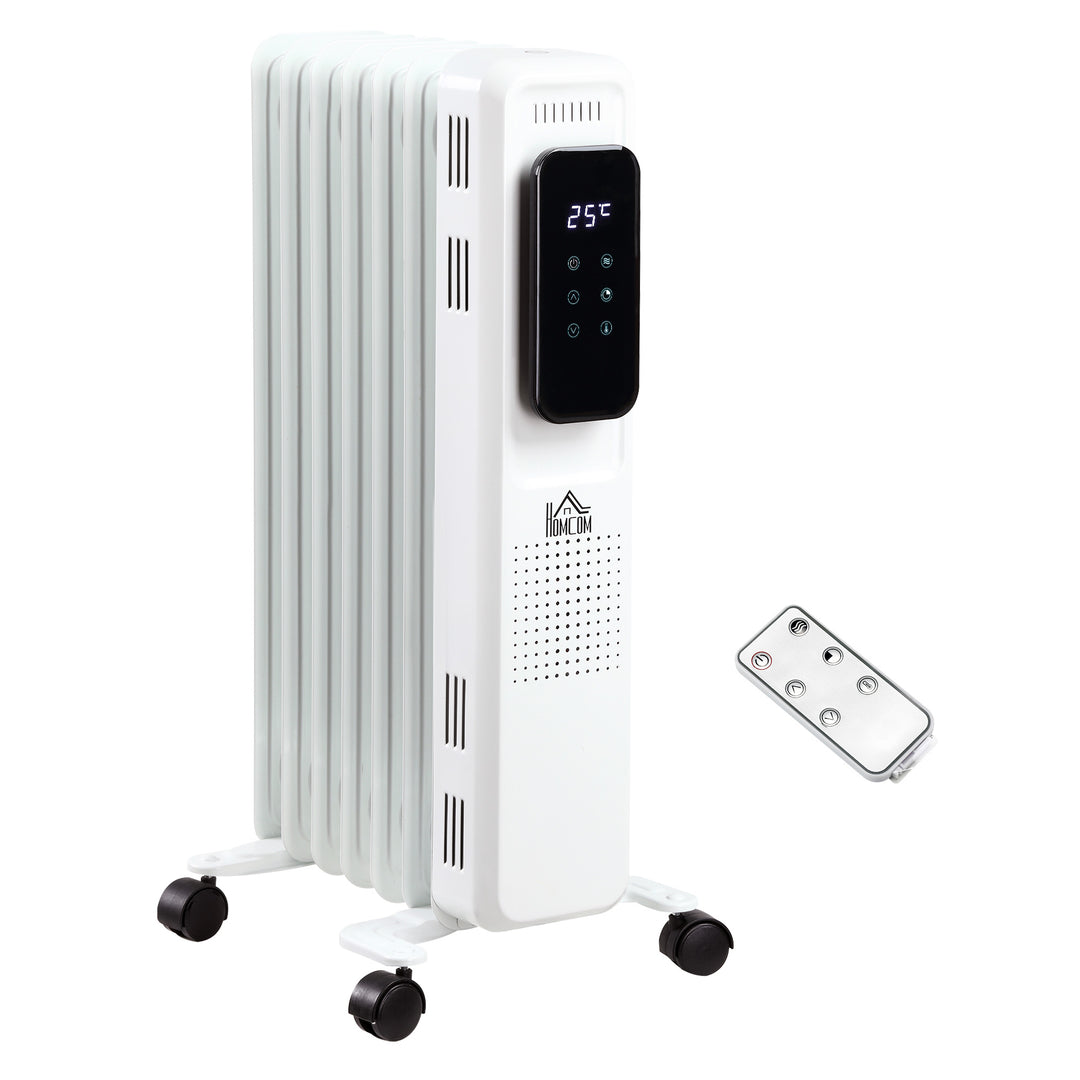 MCL 1500W Oil Filled Radiator, 7 Fin Portable Electric Heater with LED Display, 24H Timer, 3 Heat Settings, Adjustable Thermostat, Safety Cut off, Remote Control, White