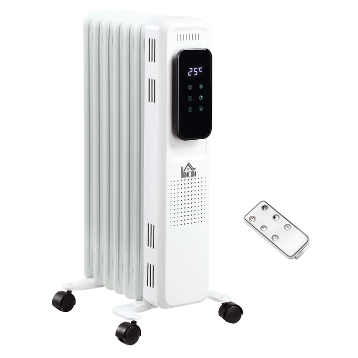 MCL 1500W Oil Filled Radiator, 7 Fin Portable Electric Heater with LED Display, 24H Timer, 3 Heat Settings, Adjustable Thermostat, Safety Cut off, Remote Control, White