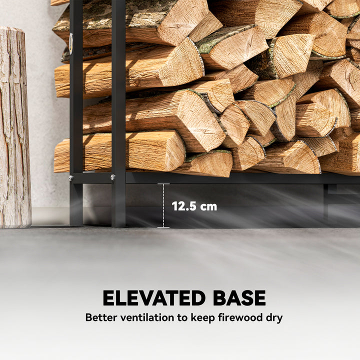 MCL 6.5 FT Steel Firewood Log Rack with 300 kg Capacity, Heavy Duty Indoor Outdoor Fireplace Wood Storage Shelf, Log Holder/Stand with Extra Support Legs, Decorative Bonfire Pattern, Black