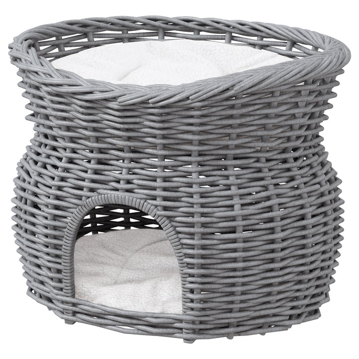 PawHut Wicker Cat House, 2-Tier Elevated Pet Bed Basket, Willow Kitten Tower with Washable Cushions, 56x37x40cm, Grey | Aosom UK