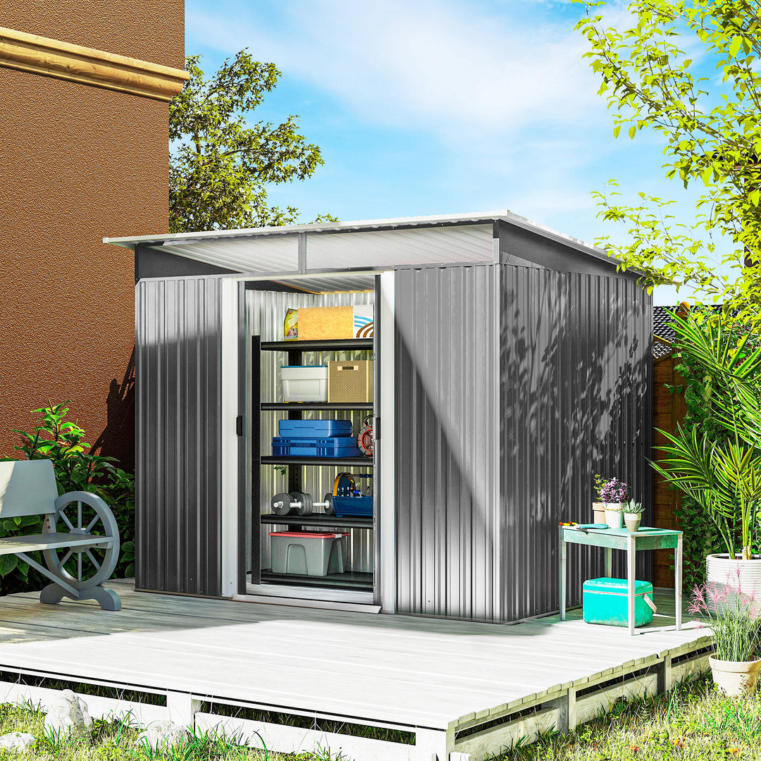 MCL Garden Metal Storage Shed House Hut Gardening Tool Storage w/ Tilted Roof and Ventilation 8.5 x 6ft, Grey