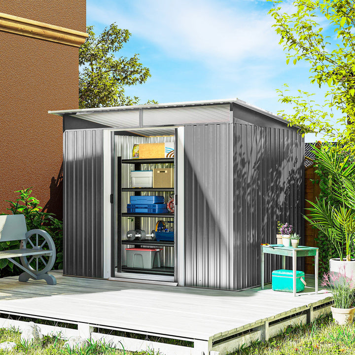 MCL Garden Metal Storage Shed House Hut Gardening Tool Storage w/ Tilted Roof and Ventilation 8.5 x 6ft, Grey