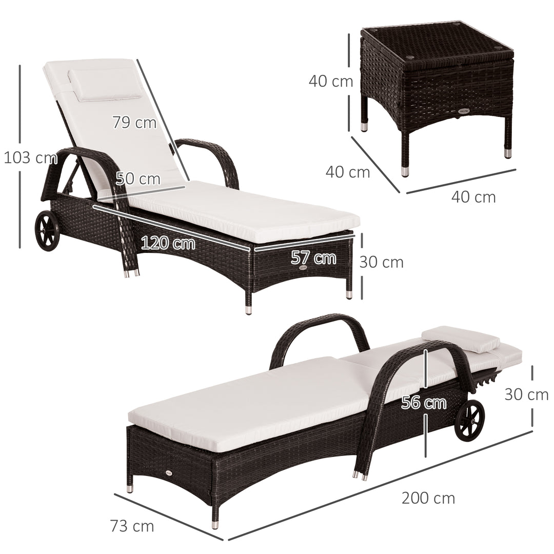 3 Pieces PE Rattan Patio Lounge Chair Set, Outdoor Recliner Lounge Chairs with Wheels, for Outside with Cushions, Headrest, Coffee Table for Garden, Poolside, Brown