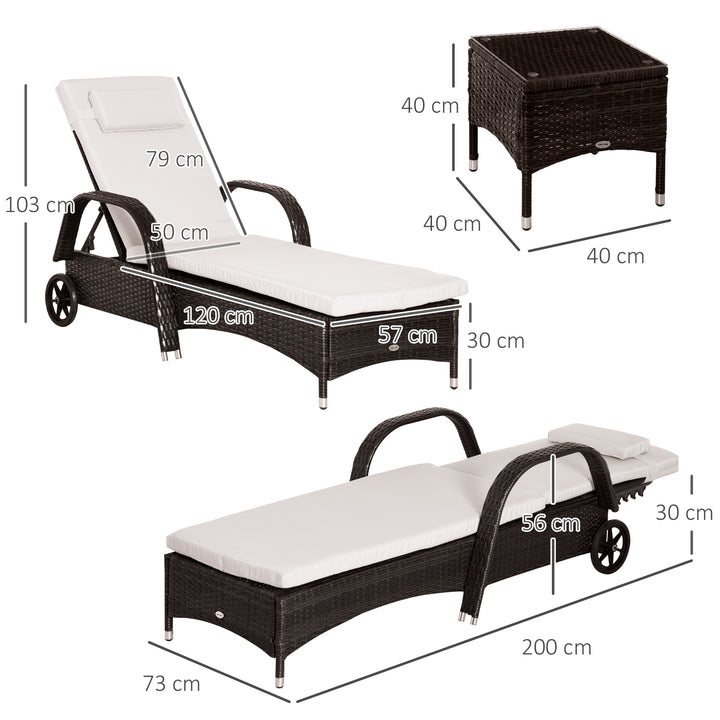 3 Pieces PE Rattan Patio Lounge Chair Set, Outdoor Recliner Lounge Chairs with Wheels, for Outside with Cushions, Headrest, Coffee Table for Garden, Poolside, Brown