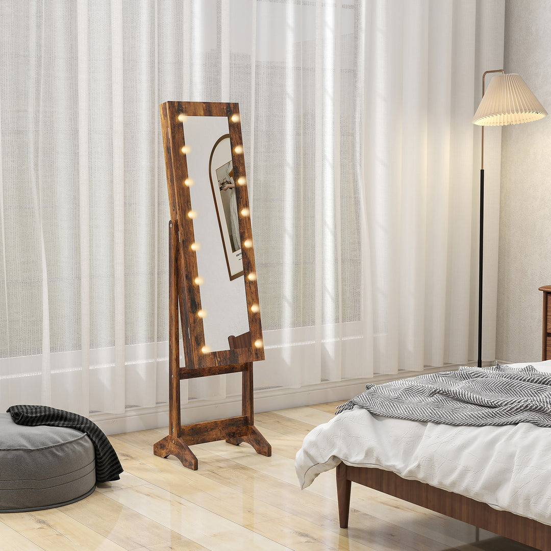 Freestanding Mirror Jewelry Cabinet with LED Lights, Jewellery Organiser with 3 Angle Adjustable, Full-Length Mirror with Storage for Earrings, Necklaces, Rings and Lipsticks, Rustic Brown