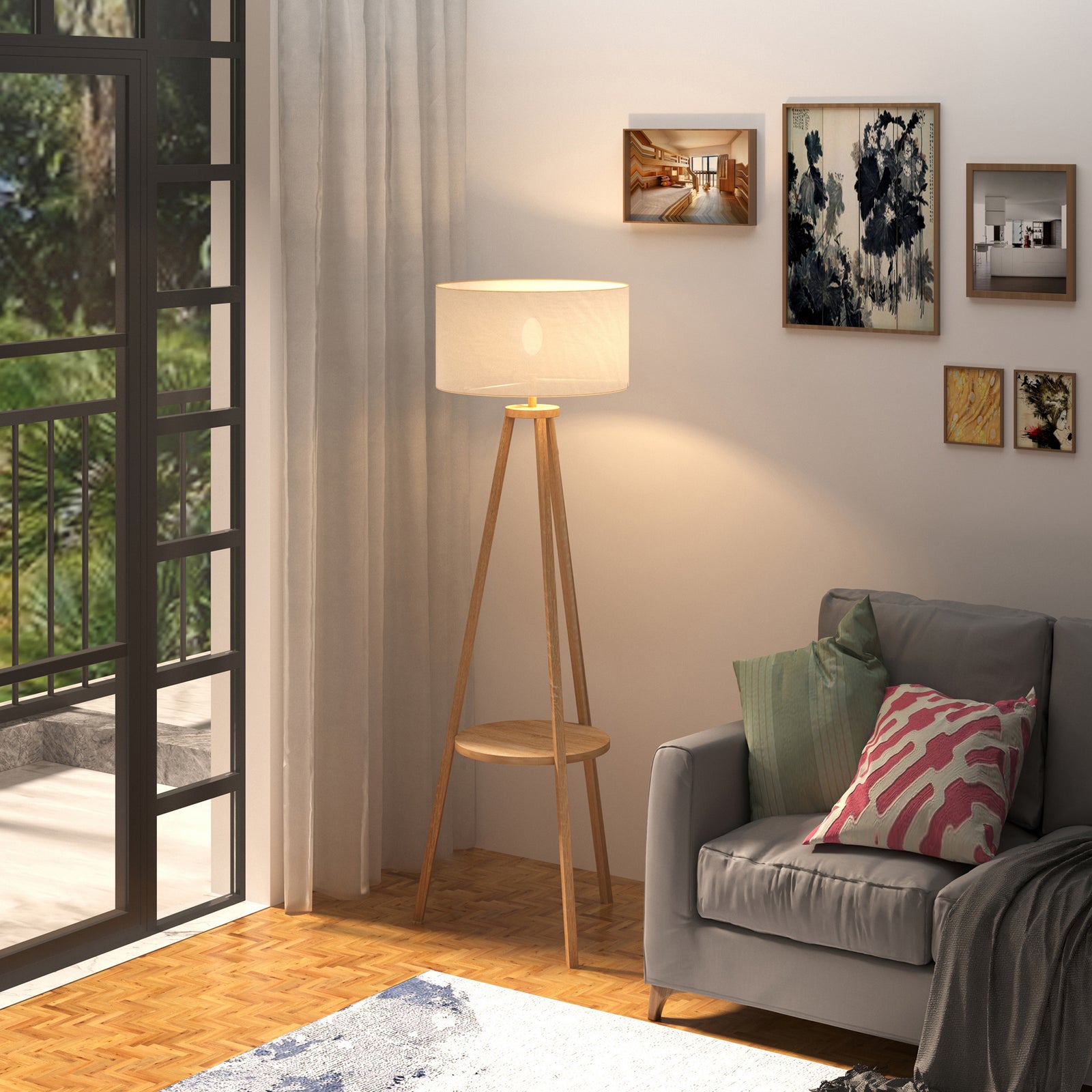 Tripod Floor Lamp, Freestanding Bedside Light Reading Light with Storage Shelf and Linen Shade for Living Room Bedroom, 154cm, Cream