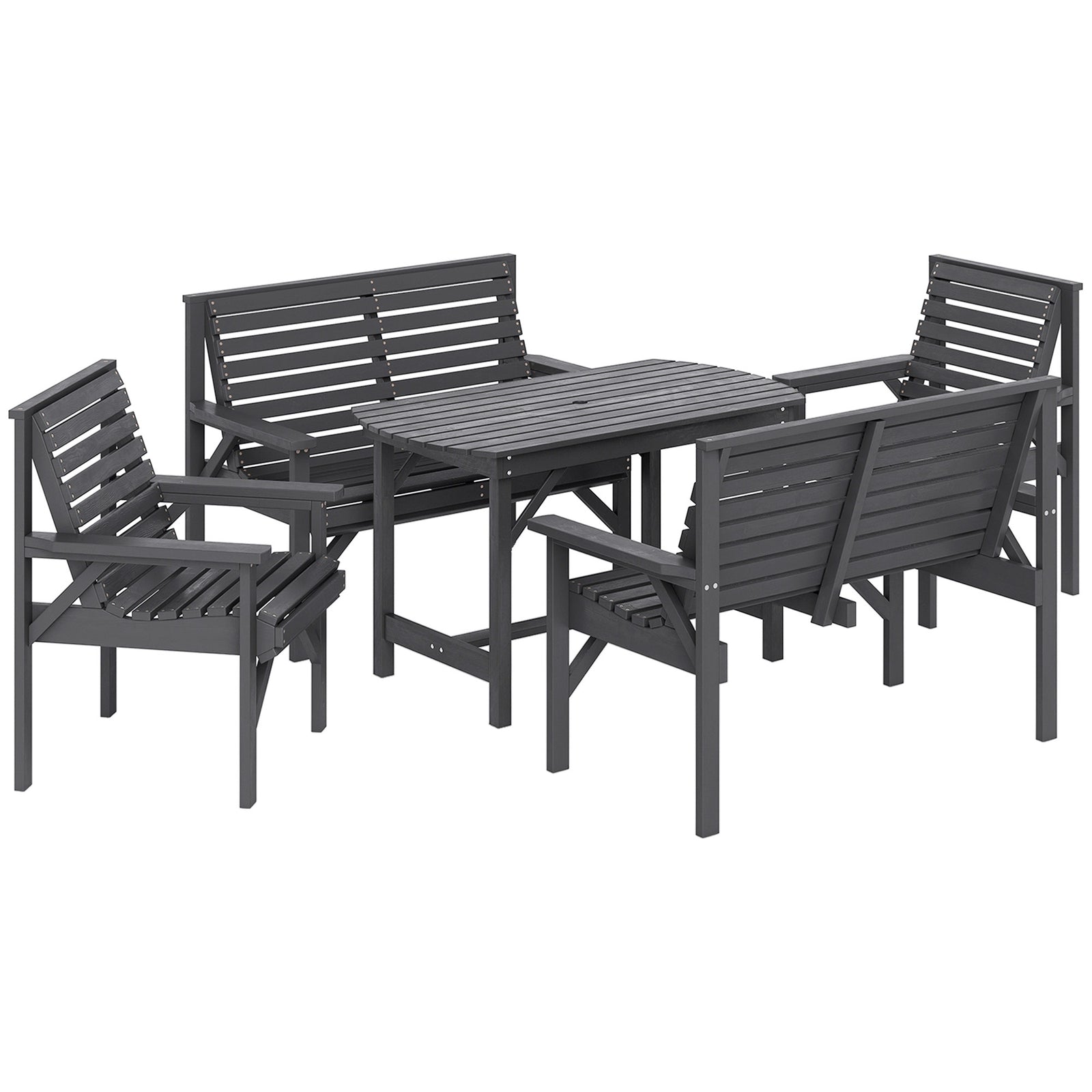 5 Piece Wooden Garden Dining Set for 6, Outdoor Conversation Set with 2 Armchairs, 2 Loveseats and Dining Table with Umbrella Hole for Patio, Balcony, Grey