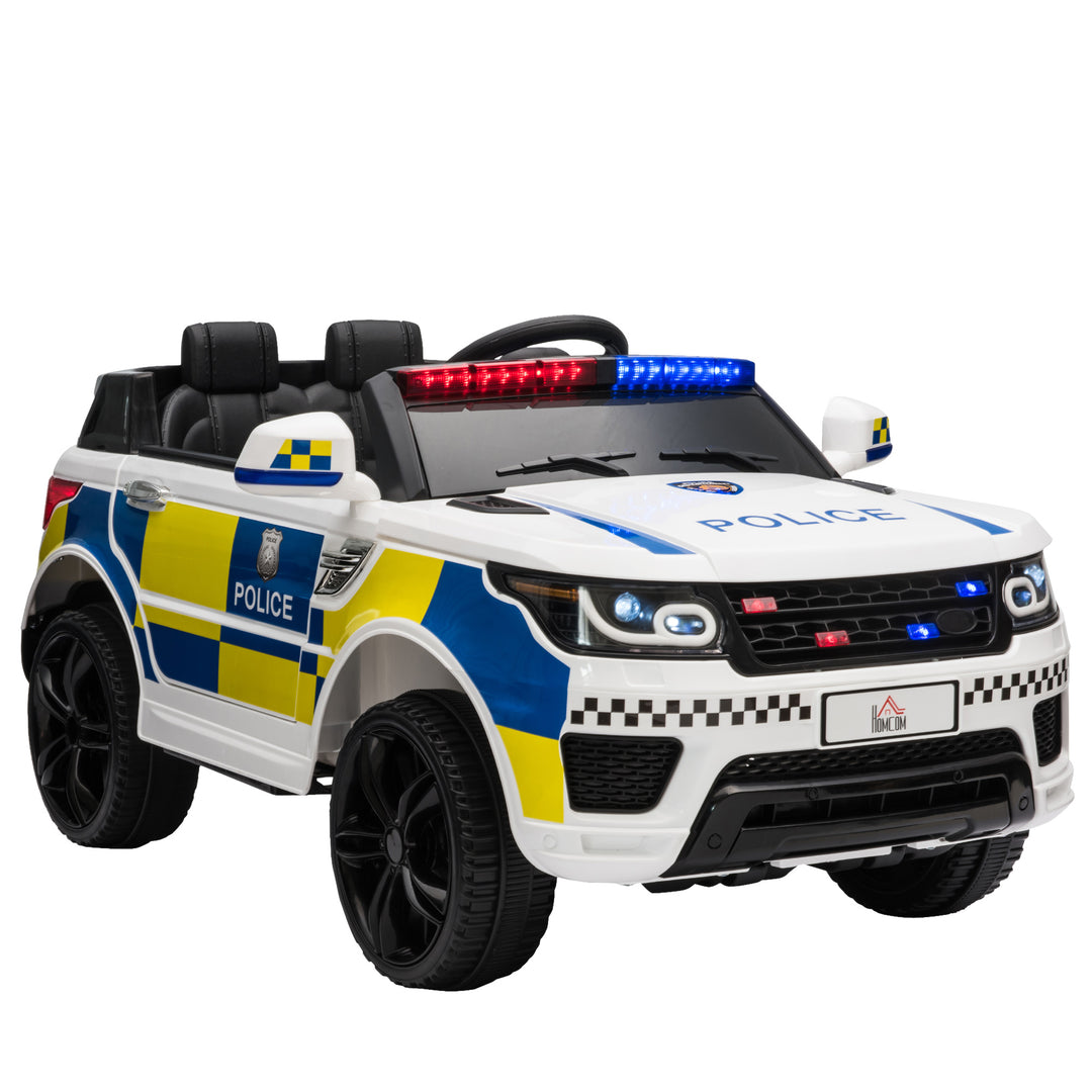 MCL 12V Electric Car for Kids Police Car 2 Motors with Parental Remote Control Siren Flashing Lights USB Portable for 3-6 Years White
