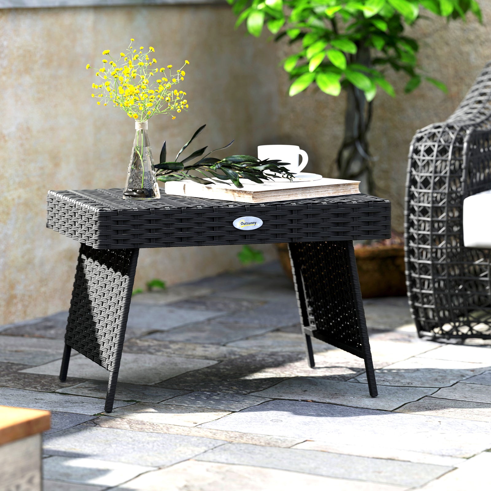 Foldable Outdoor Side Table, Rattan Garden Coffee Table with Steel Frame, Space Saving Bistro Garden Furniture for Patio, Balcony, 60 x 41 x 41 cm, Black