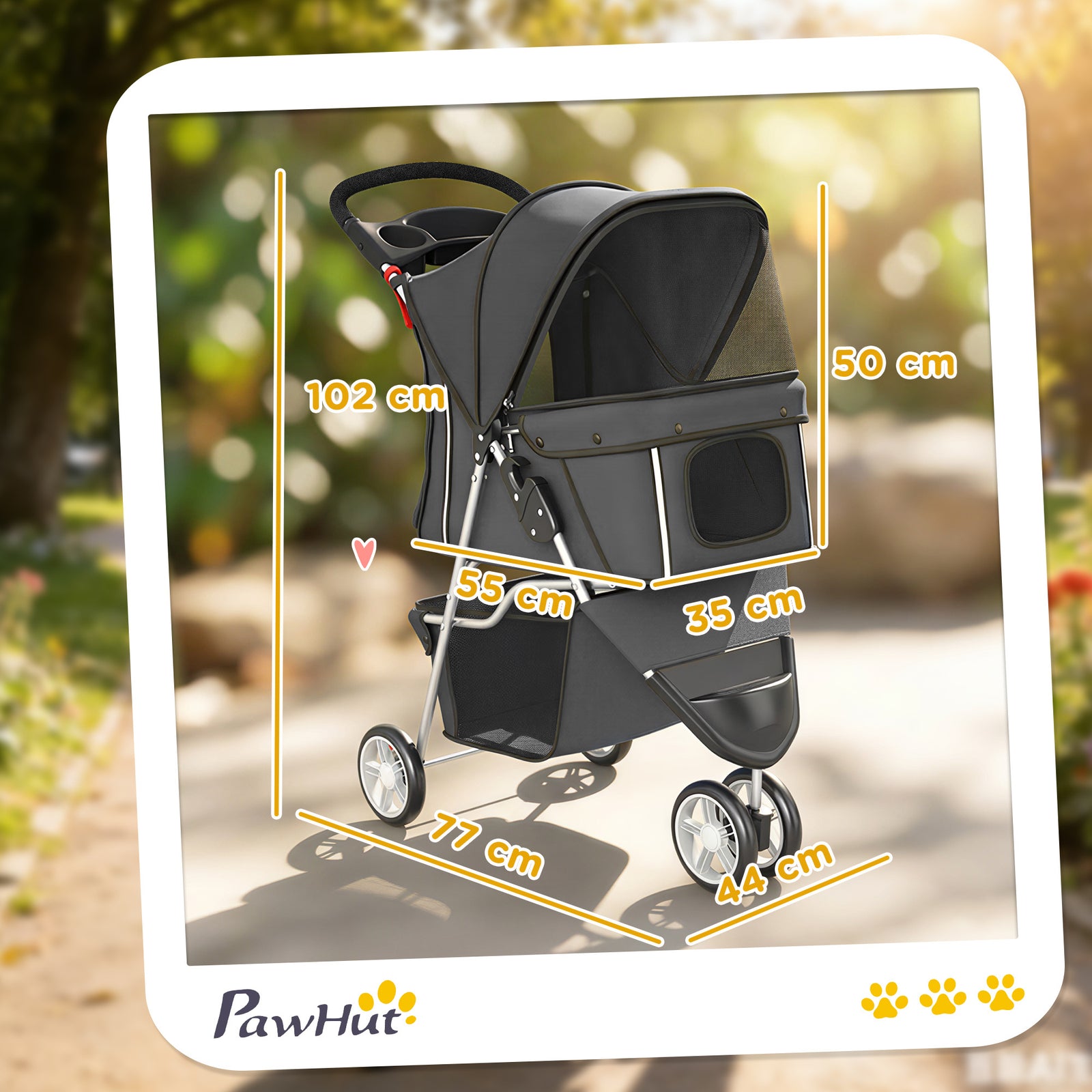 Dog Stroller, 3 Wheels Foldable Pet Stroller with Adjustable Canopy, S
