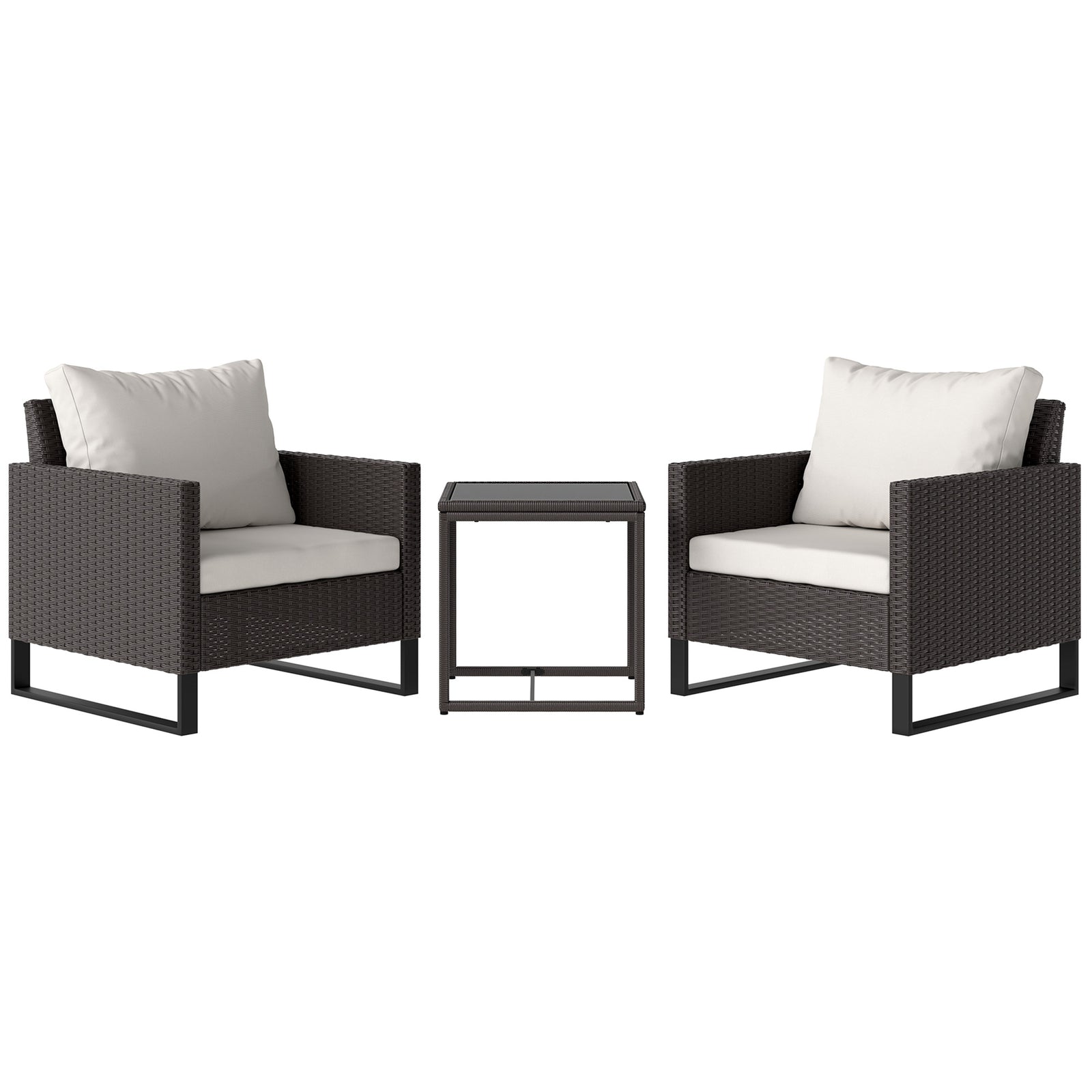 3 Pieces Rattan Bistro Set with 4 Cushions, Wicker Garden Furniture Set, Glass Top Coffee Table and Chairs for Outdoor Patio, Balcony, Terrace and Conservatory, Brown