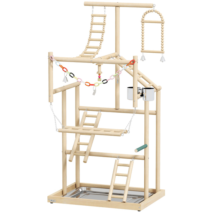 95 cm Wooden Bird Playground with Ladders, Chain Toy, Stainless Steel 