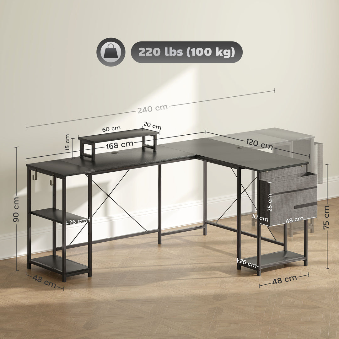 168cm Reversible L Shaped Desk, Industrial Corner Computer Desk with Adjustable Shelf and Storage Bag, 240cm 2 Person PC Table with Monitor Stand, Black