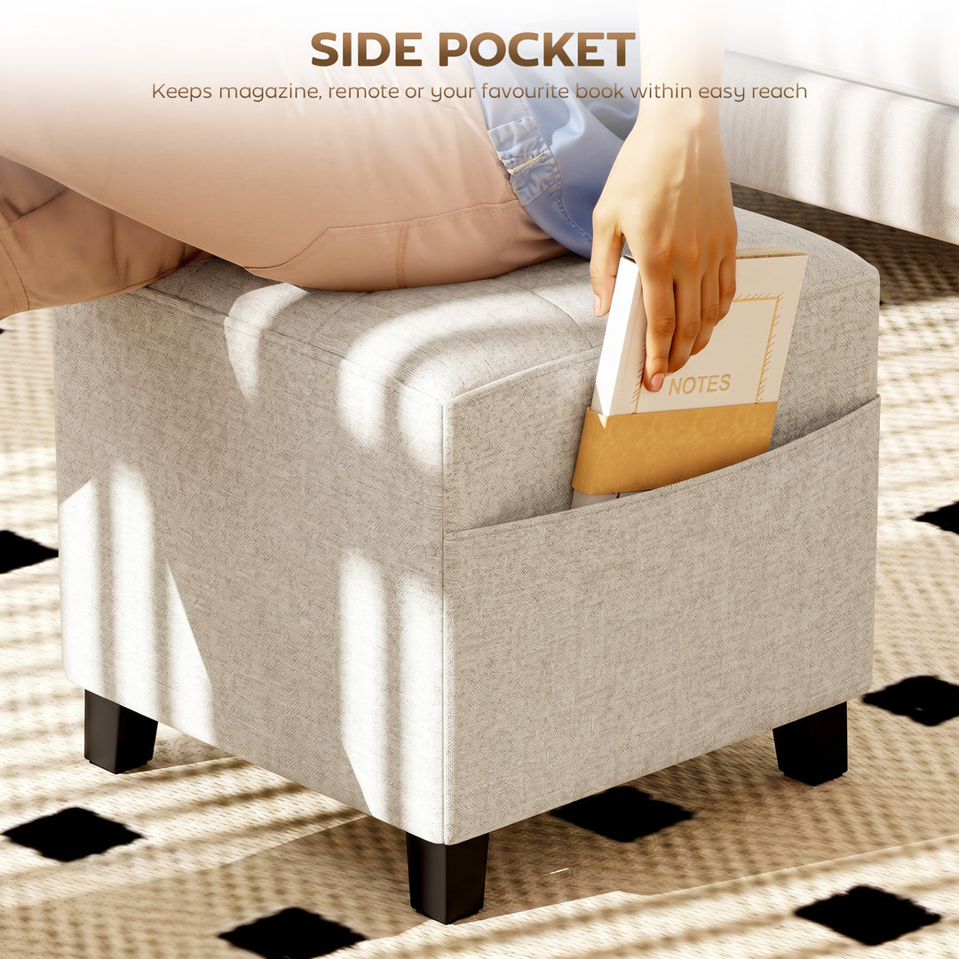 Small Ottoman, Square Footstool with Side Pocket, Rubber Wood Legs and