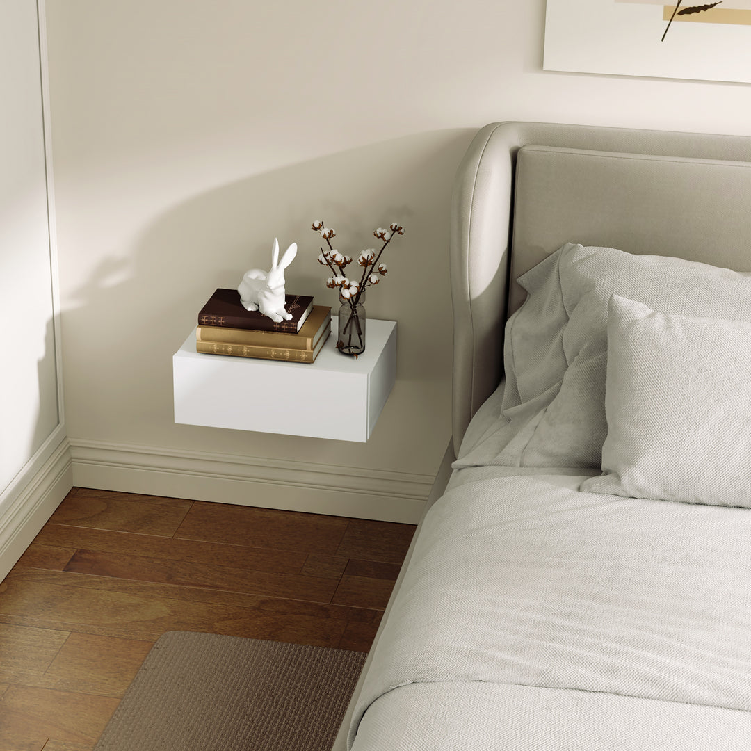 Floating Bedside Table, Wall-Mounted Nightstand with Storage Drawer, Small Side End Table for Bedroom, White