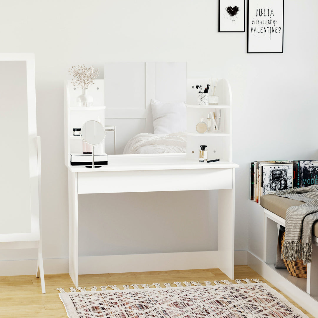 MCL Modern Dressing Table Writing Desk W/ Mirror, Big Drawers, 2-Tier Open Shelf For Home Bedroom White