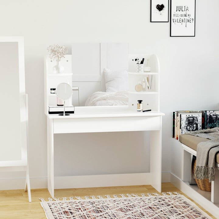 MCL Modern Dressing Table Writing Desk W/ Mirror, Big Drawers, 2-Tier Open Shelf For Home Bedroom White