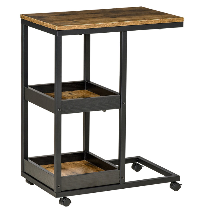 Industrial Mobile Sofa Side Table C-Shaped Rolling Couch Table with 3-Tier Storage Shelving Four Lockable Wheels Steel Frame - Brown