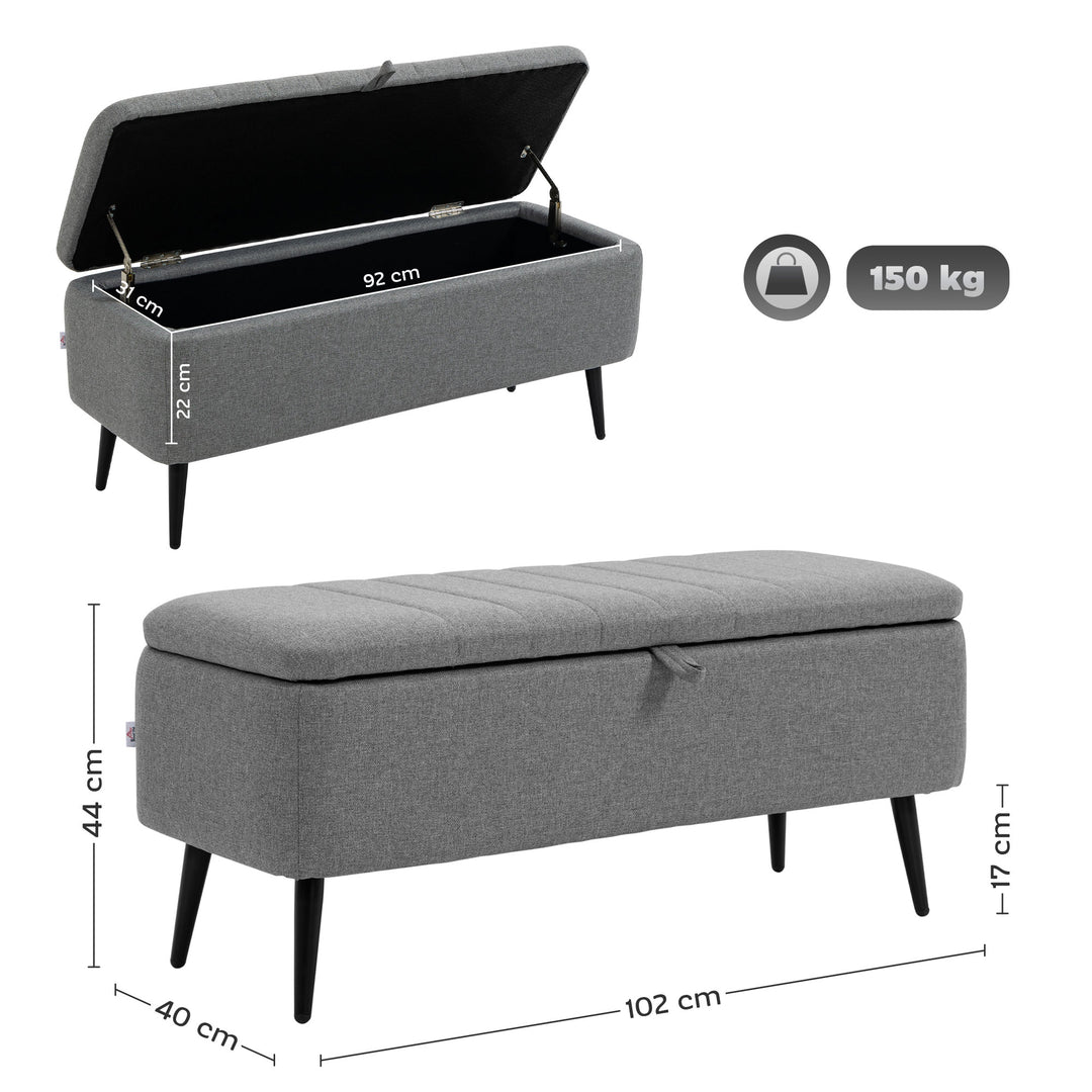 Storage Ottoman with Flip Top, Rectangular Upholstered Bench, Linen Look Fabric Footstool with Steel Legs for Living Room, Bedroom, Grey