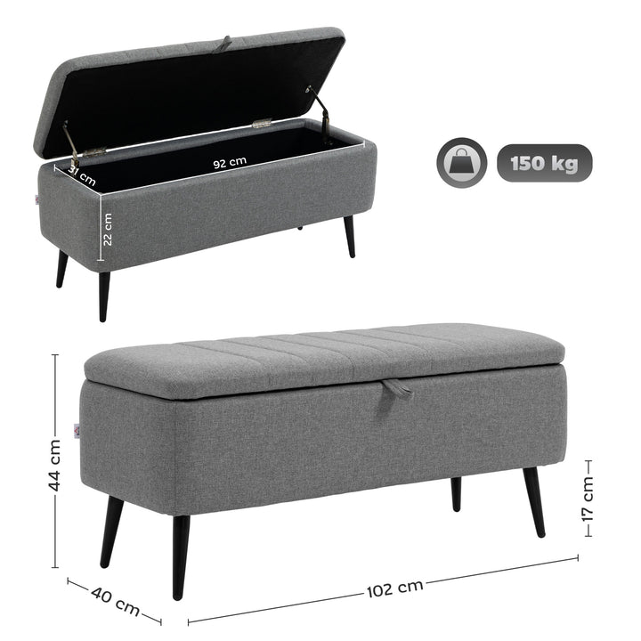 Storage Ottoman with Flip Top, Rectangular Upholstered Bench, Linen Look Fabric Footstool with Steel Legs for Living Room, Bedroom, Grey