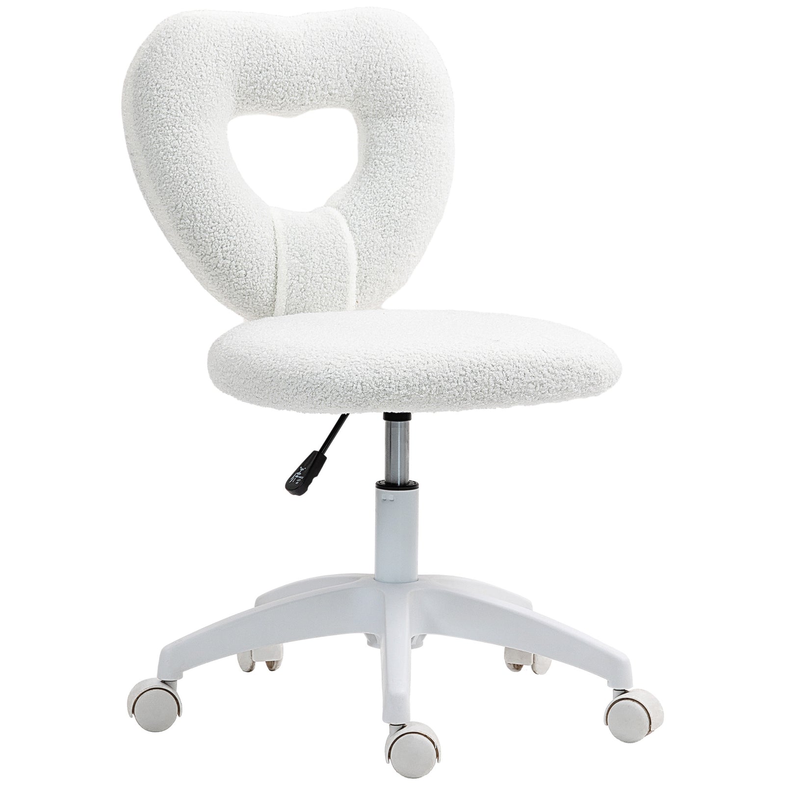 Armless Heart Computer Desk Chair, Teddy Fleece Swivel Office Chair, Makeup Vanity Chair with Height Adjustable, Wheels, for Home Study Bedroom, White