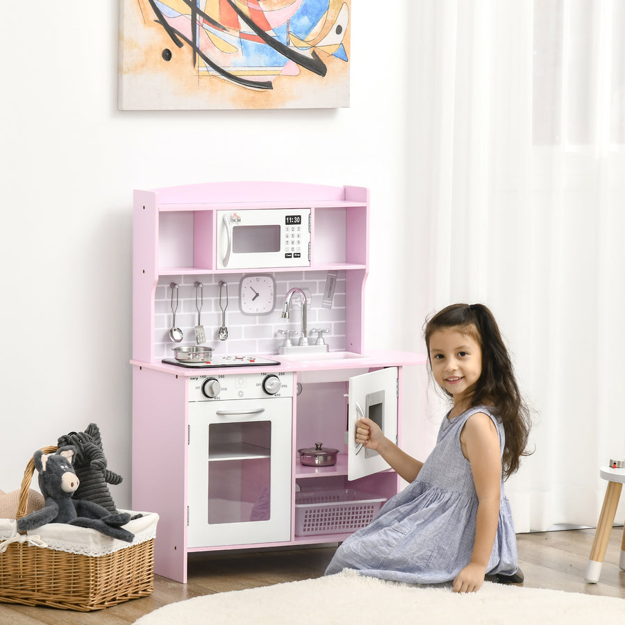 Kids Kitchen Playset, with Lights, Sounds, Microwave, Sink and Storage - Pink