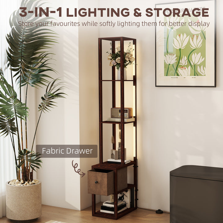 Floor Lamp with Shelves, LED Column Modern Standing Lamp with Fabric Drawer, Adjustable Brightness, Foot Switch for Living Room, Bedroom, Office, Dark Brown