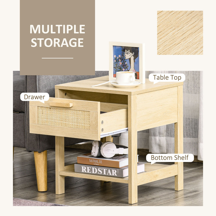 Bedside Table Set of 2 with Rattan Drawer, Rustic Side Tables with Storage Shelf for Bedroom, Living Room, Natural