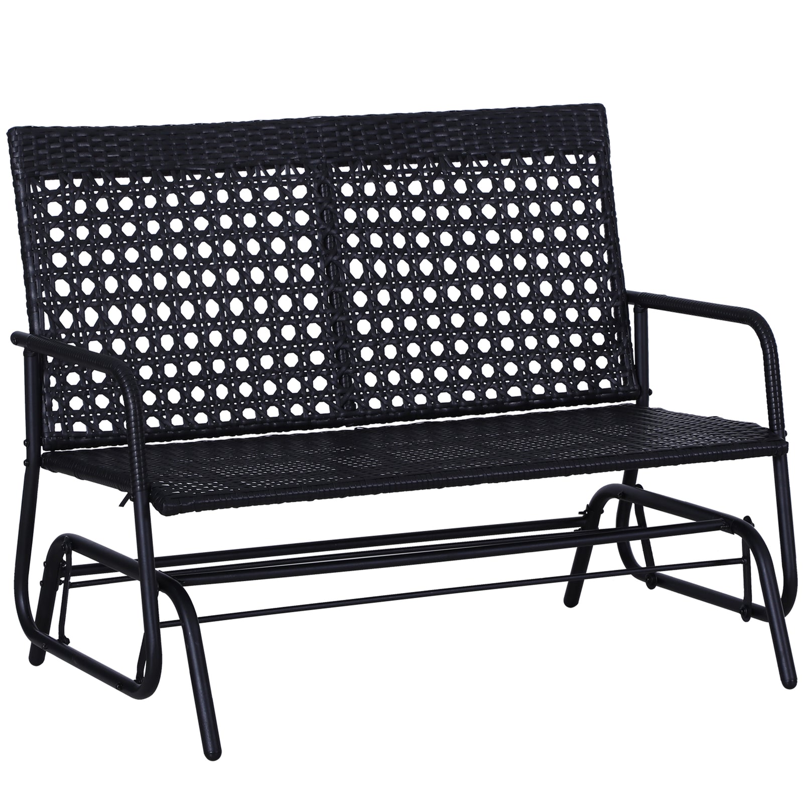 2 Seater PE Rattan Glider Bench, Outdoor Loveseat Chair with Steel Frame, Porch Rocking Glider for 2 Person with Armchair, High Back, Black