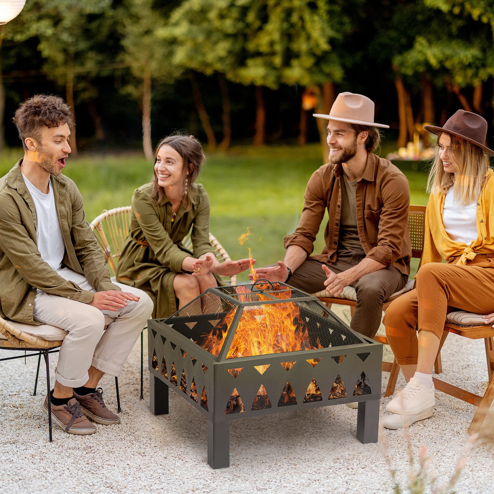 66cm Outdoor Fire Pit with Screen Cover, Wood Burner, Log Burning Firepit Bowl with Poker for Patio, Backyard, Black