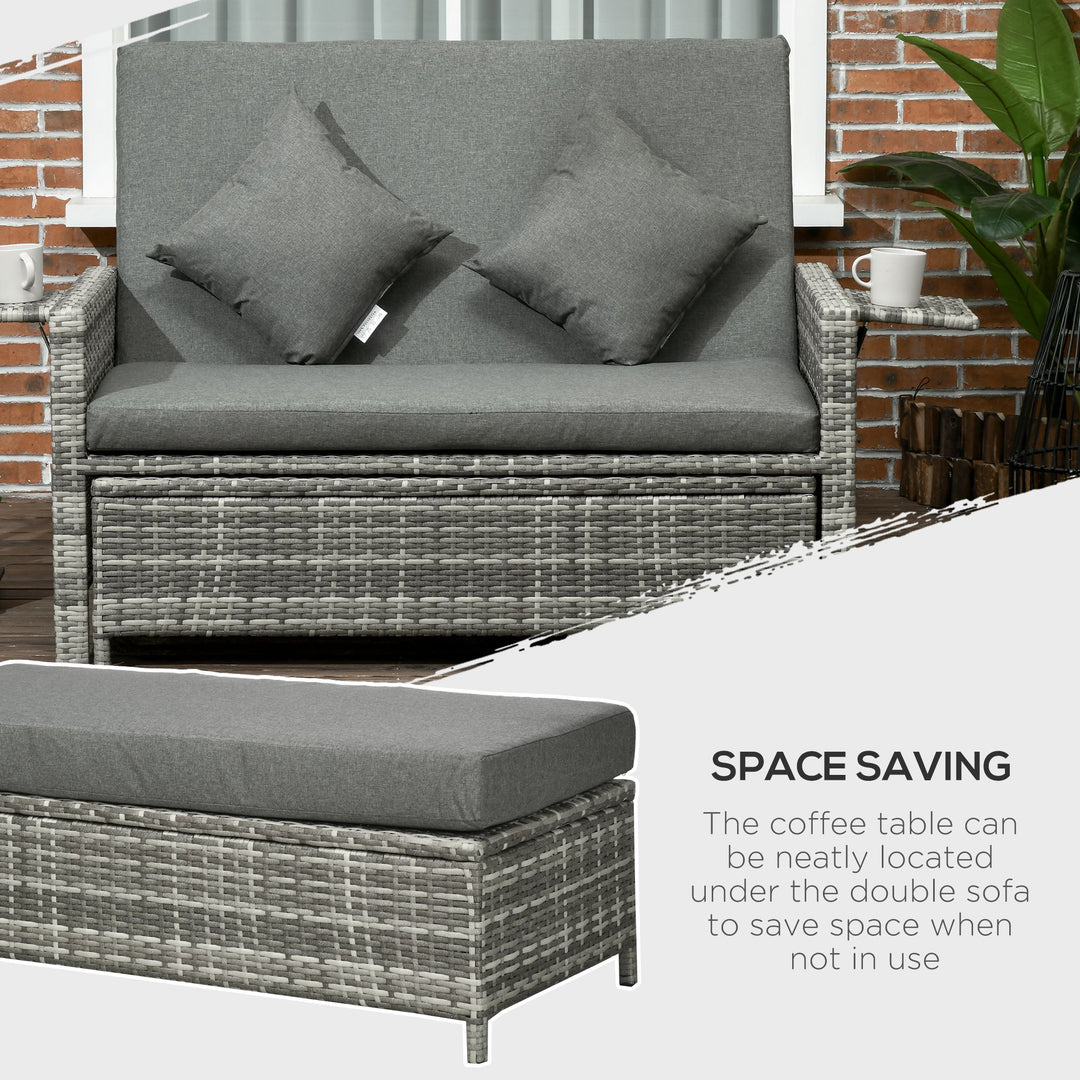 Rattan Garden Daybed, Assembled Double Sun Lounger with 5-Level Adjustable Back, Storage Ottoman, Cushions, Pillows and Retractable Trays, Outdoor Loveseat Sofa Bed for Patio, Mixed Grey