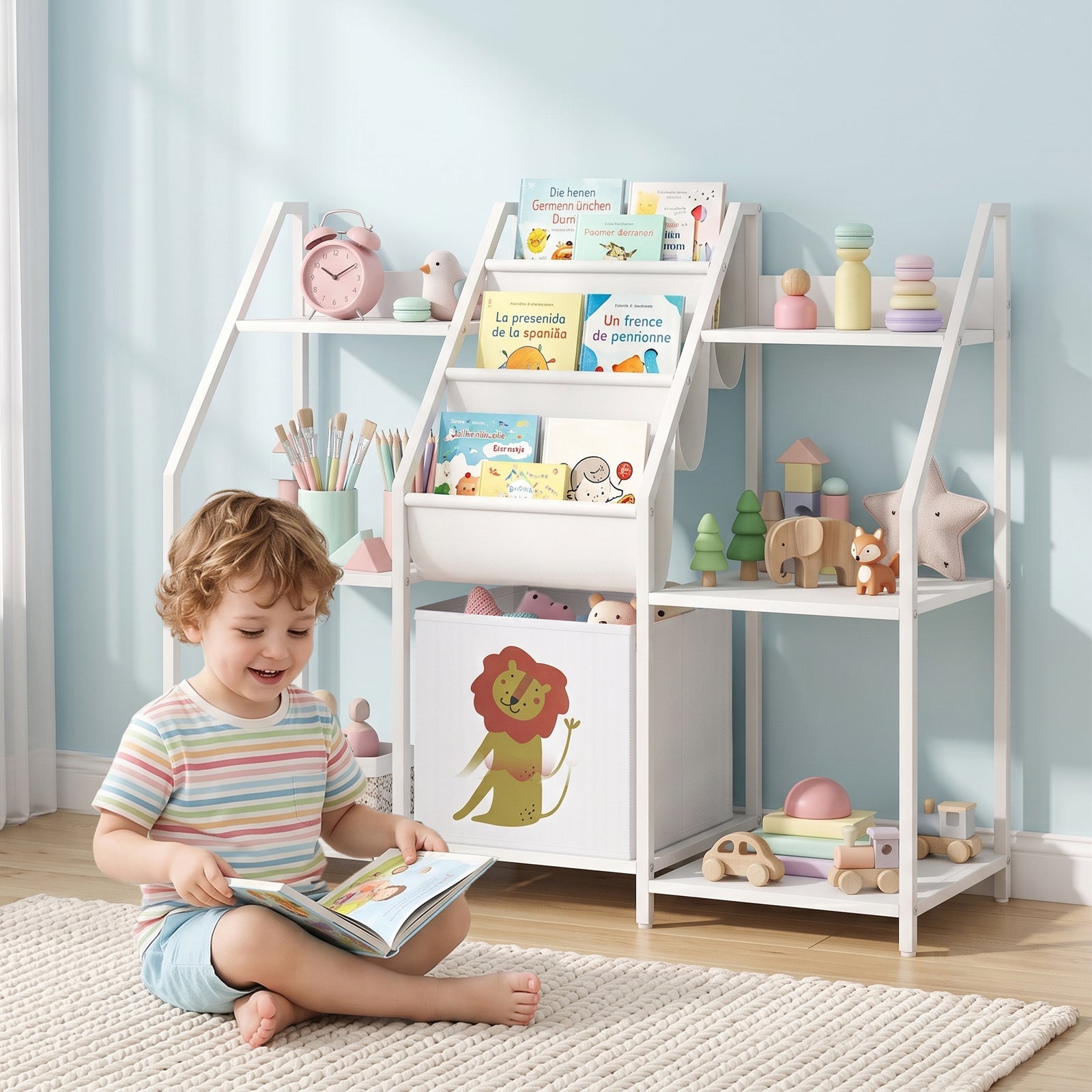 Kids Bookshelf and Toy Storage with 3-Tier Sling Book Rack and Fabric 