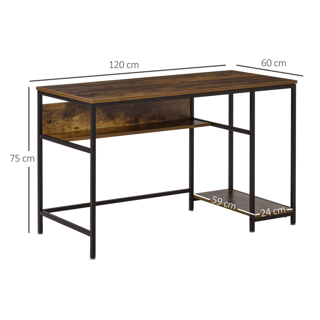 Computer Desk with Storage, 120 x 60cm Home Office Desk with 2 Shelves and Steel Frame, Writing Table for Living Room, Study, Rustic Brown