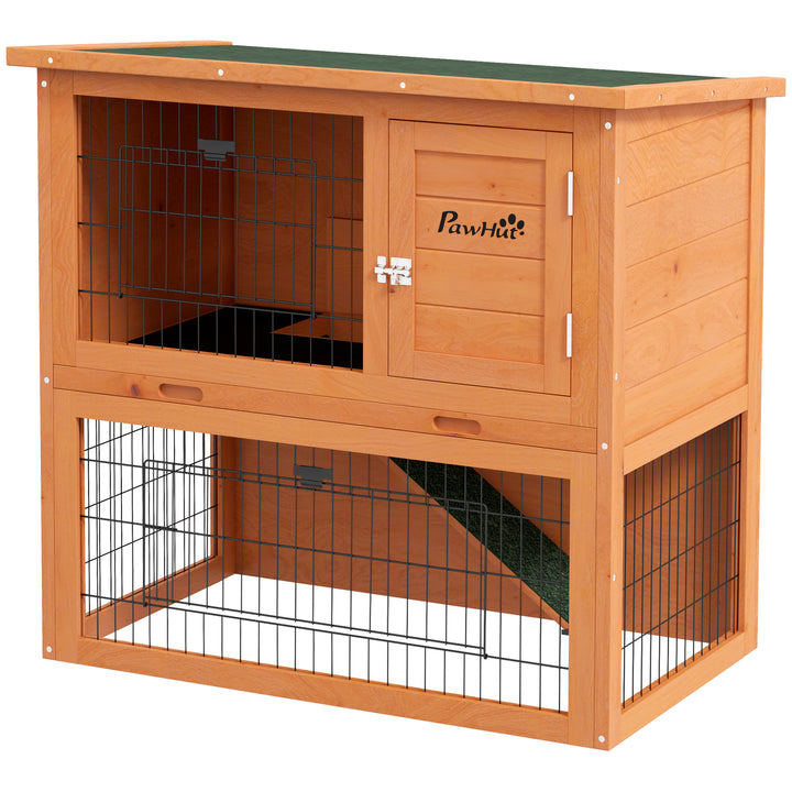 PawHut Two-Tier Antiseptic Wood Rabbit Hutch, 80cm Guinea Pig Hutch with Run - Orange | Aosom UK