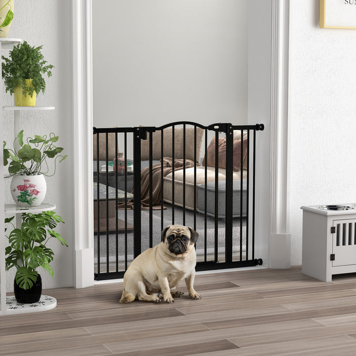 PawHut Metal 74-100cm Adjustable Pet Gate Safety Barrier w/ Auto-Close Door Black | Aosom UK