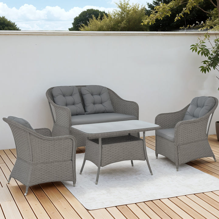 Four-Piece Rattan Set, with Glass-Top Table - Light Grey