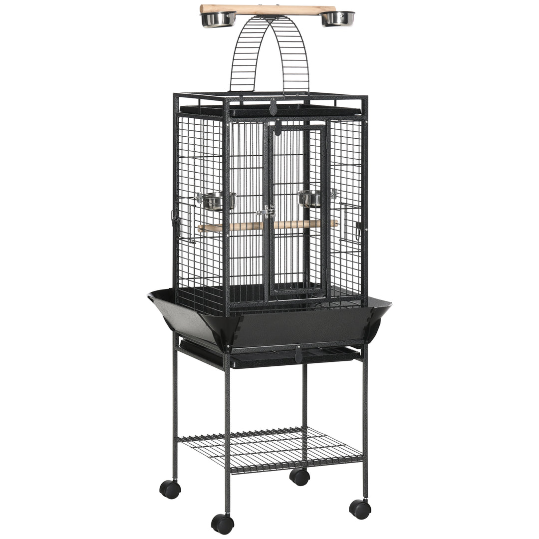 156cm Bird Cage,Large Parrot Cage with Open Play Top, Perch, Seed Guard, Wheels, Storage Shelf, Dark