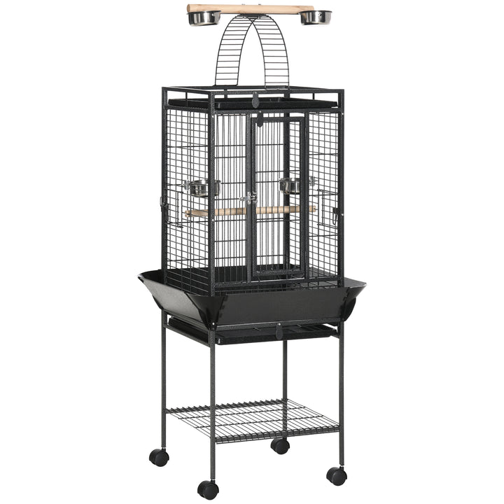 156cm Bird Cage,Large Parrot Cage with Open Play Top, Perch, Seed Guard, Wheels, Storage Shelf, Dark