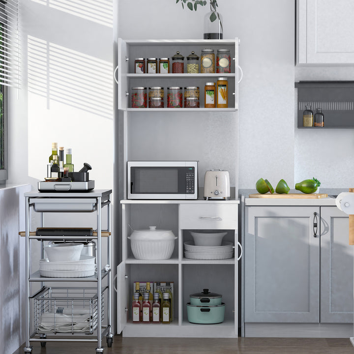 Tall Kitchen Cupboard, Kitchen Cabinet with Doors, Shelves, Drawer and Open Countertop, Storage Cabinet for Living Room, Dining Room, White