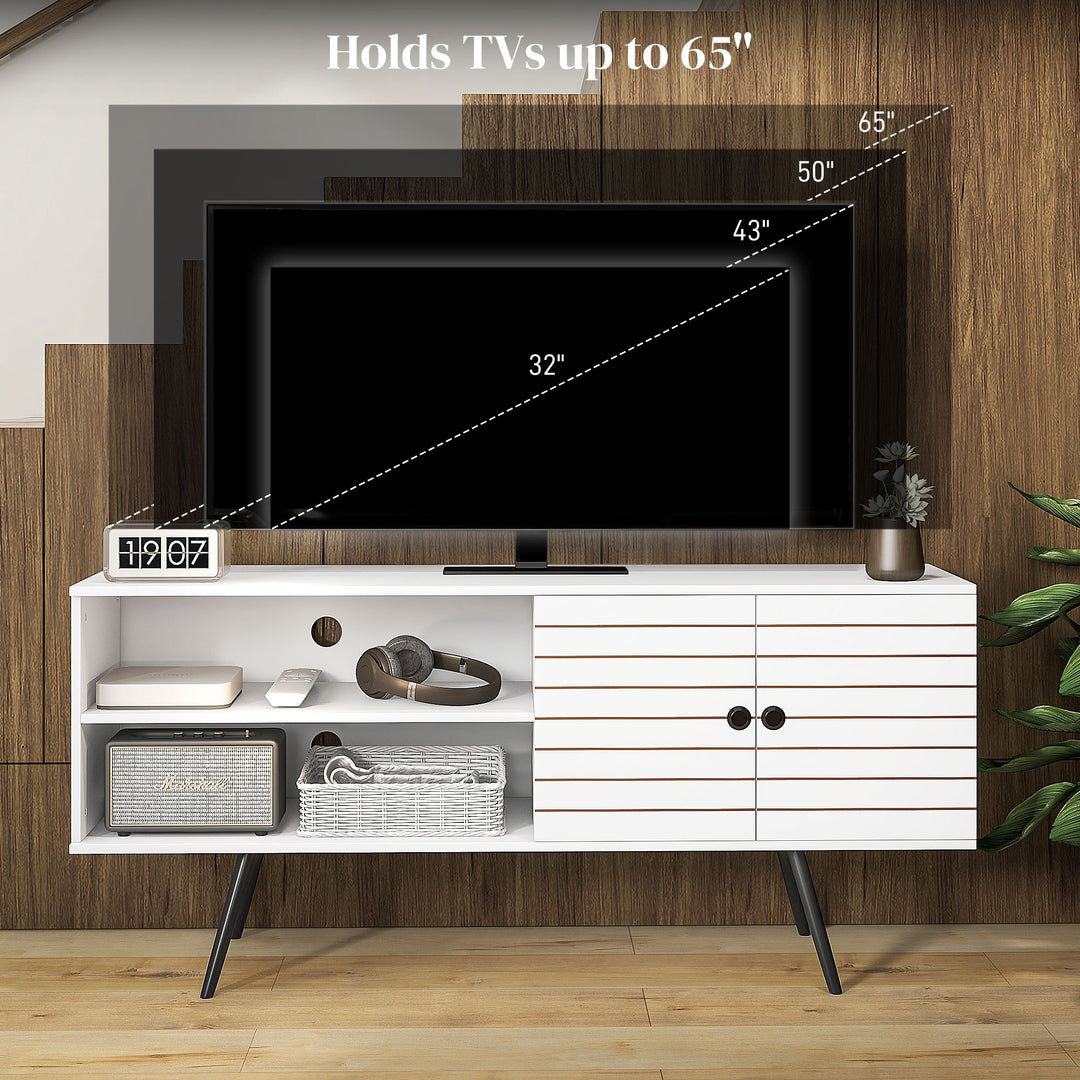 TV Stand with Cupboard, Open Shelves, Striped Doors, Wooden legs, White