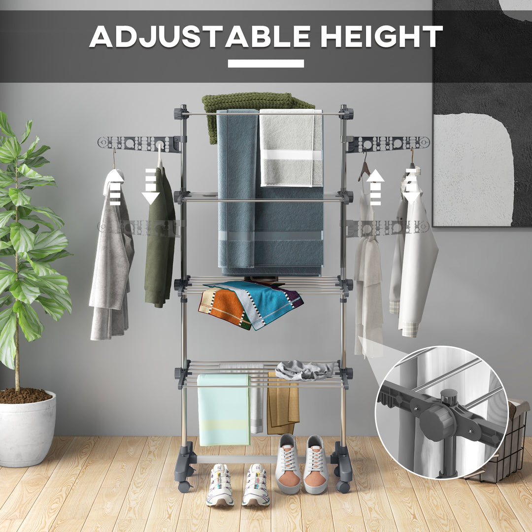 Four-Shelf Collapsing Clothes Horse, With Side Arms and Wheels - Grey