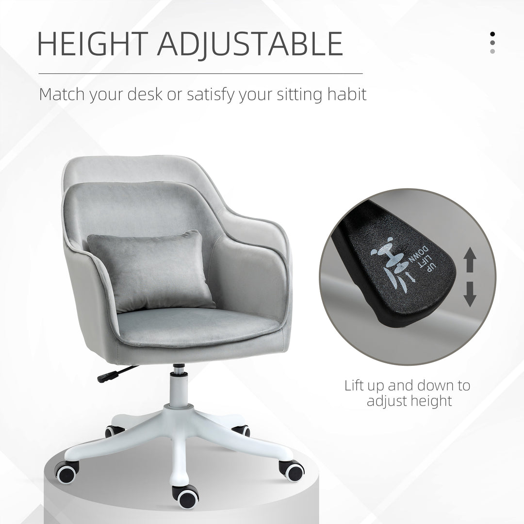 Velvet Office Chair, Desk Chair, Makeup Vanity Chair with Massage Lumbar Pillow and Rolling Wheels for Bedroom and Home, Grey