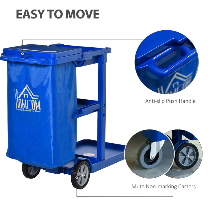 MCL Janitor Cleaning Trolley, with Bin, Shelves and Hooks - Blue