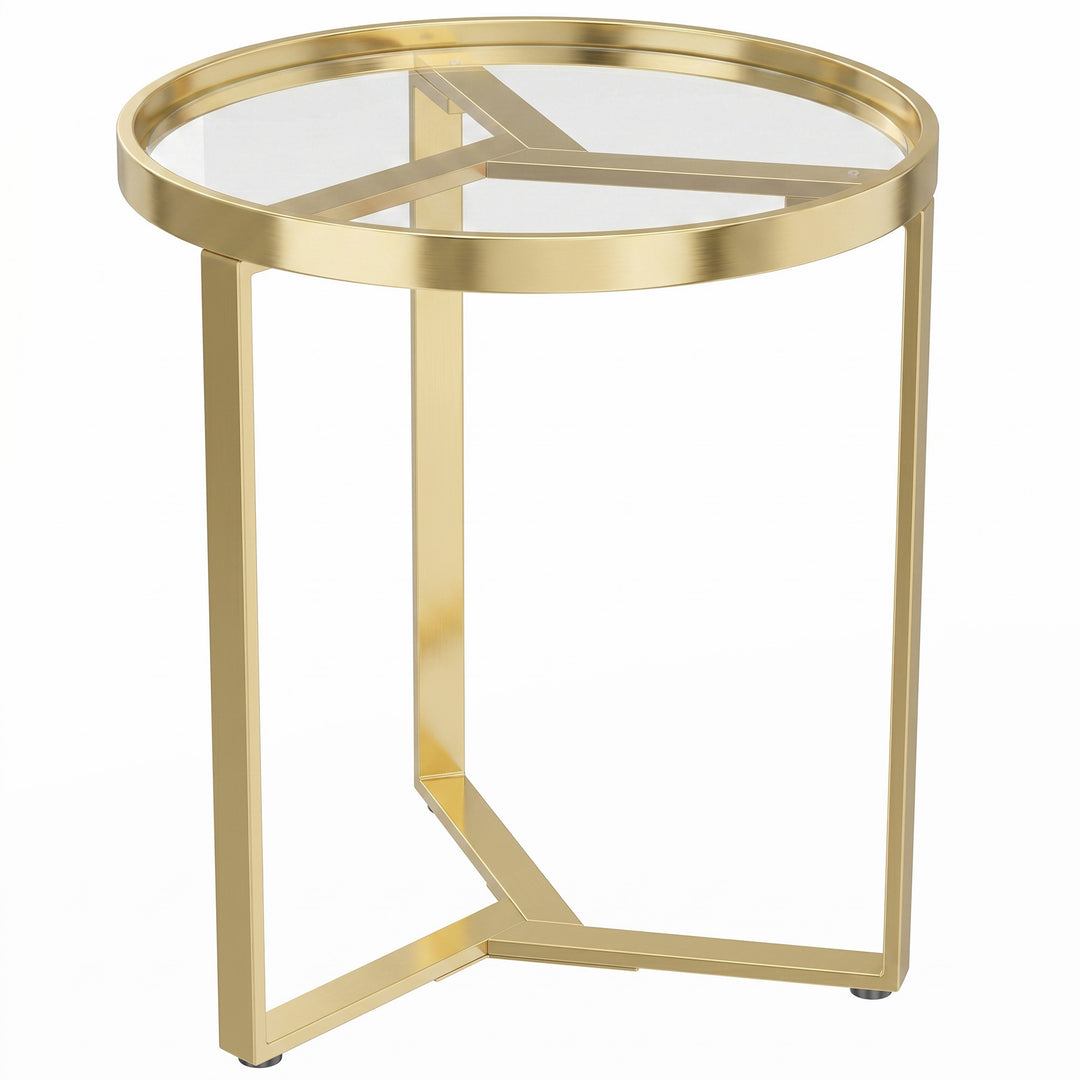Round Side Table with Tempered Glass Top and Geometric Metal Frame for